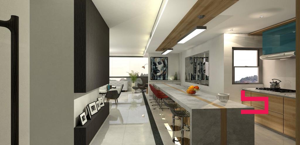 Entrance: the viewers sight is lead to the outdoor view due to the long linear (island,black tiling)